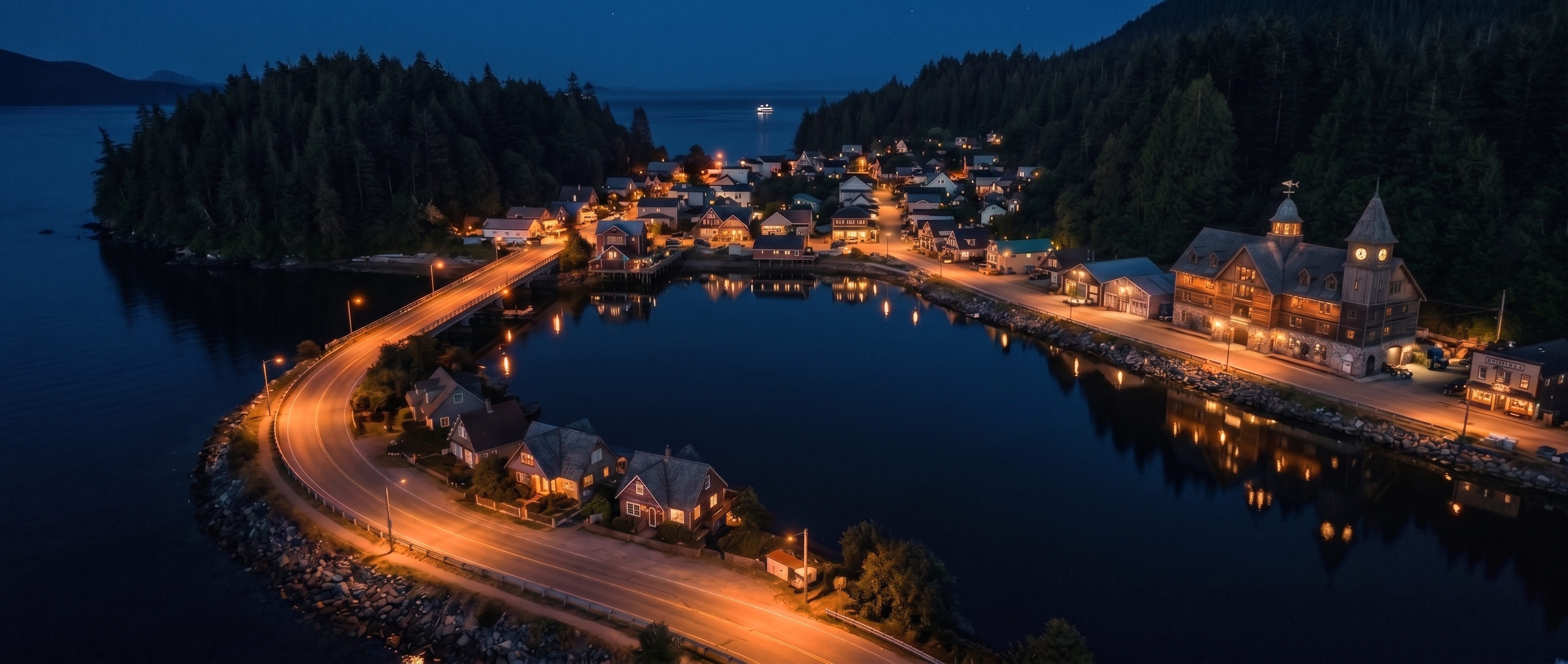 Coastal BC town at blue hour